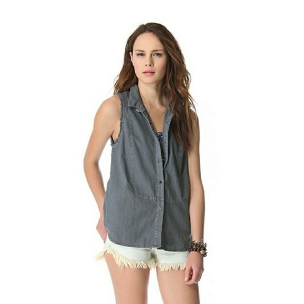 Free People Frayed Sleeveless Top Grey XS Buttondown Linen
